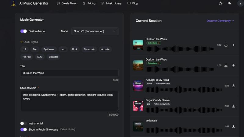 AI Music Generator application interface and features