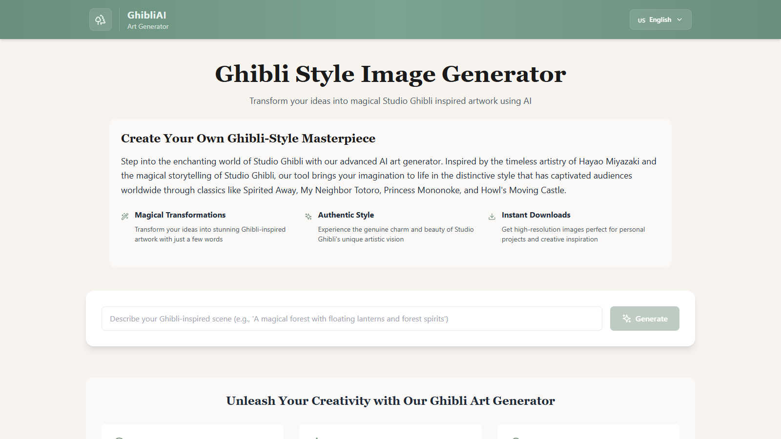 Ghibli Style Image Generator application interface and features