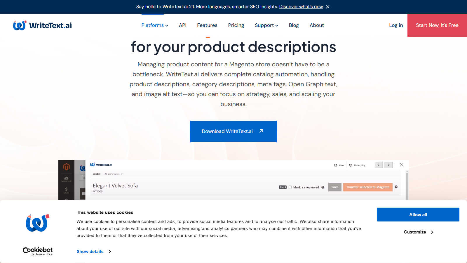 WriteText.ai for Magento application interface and features