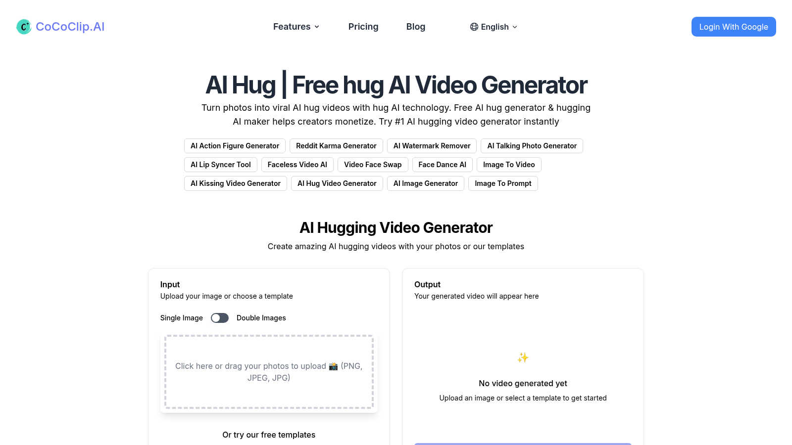 Free hug AI Video Generator application interface and features