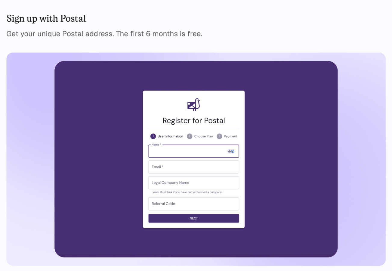 Postal application interface and features