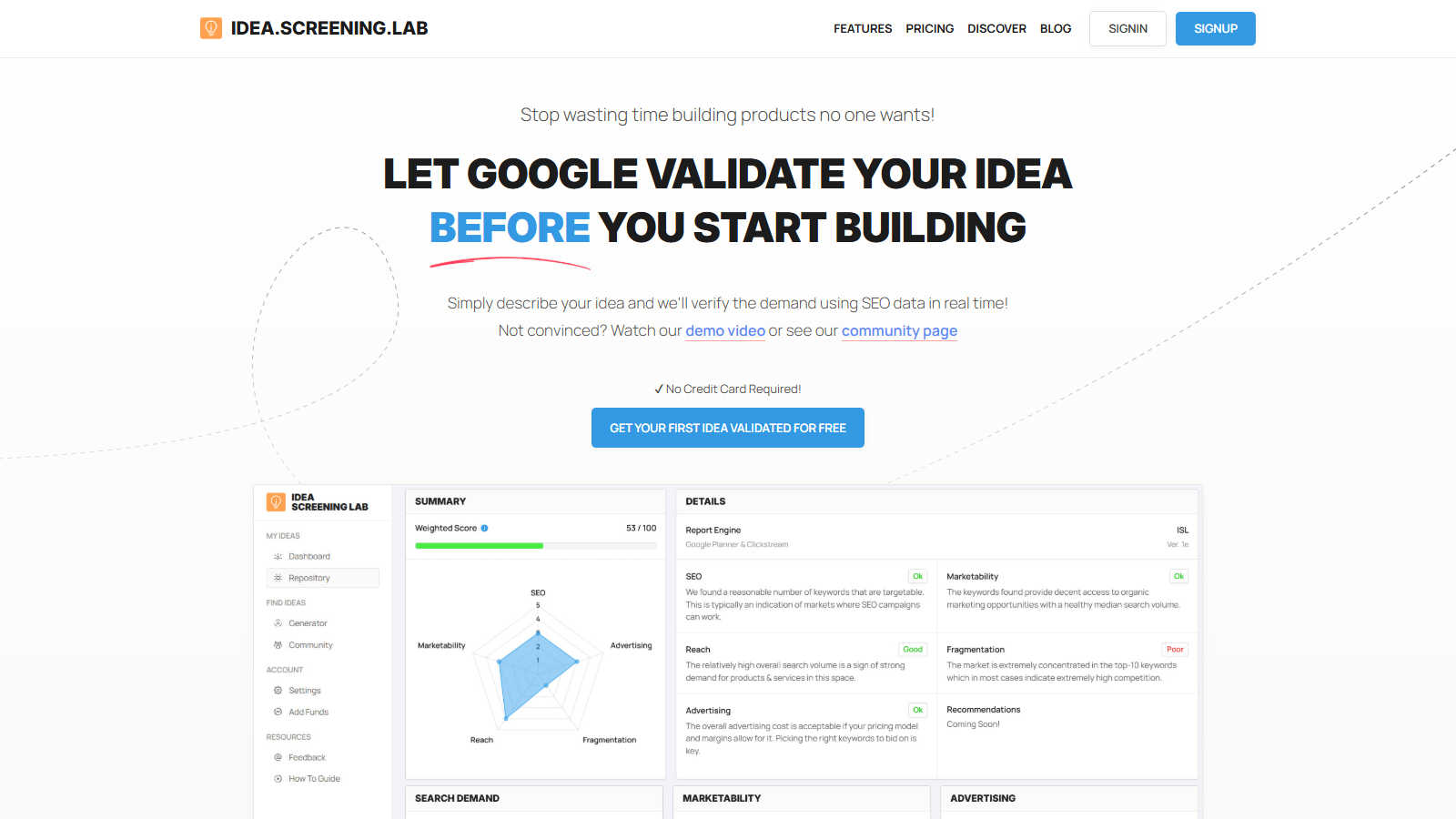 Idea Screening Lab application interface and features