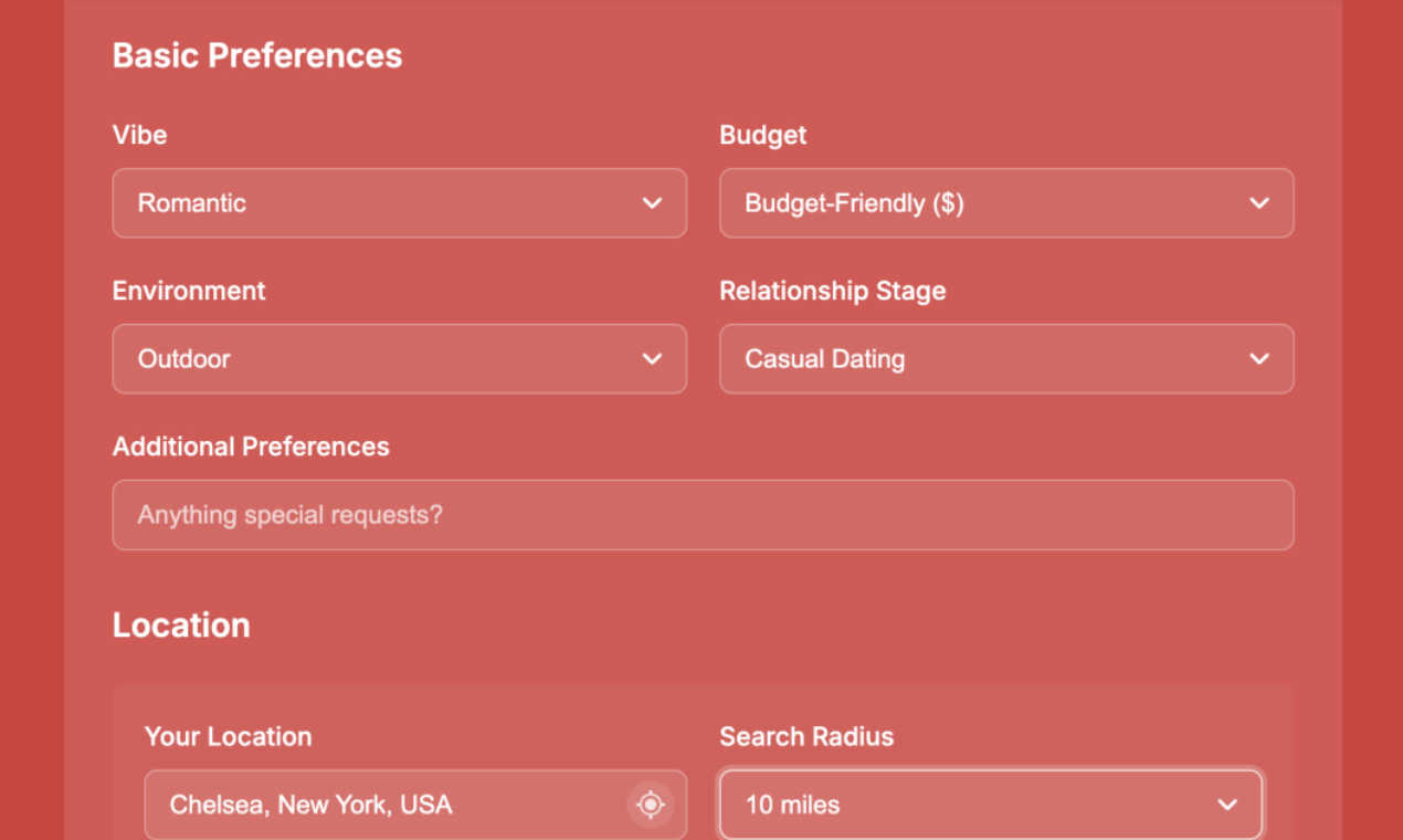 Date Idea Generator application interface and features