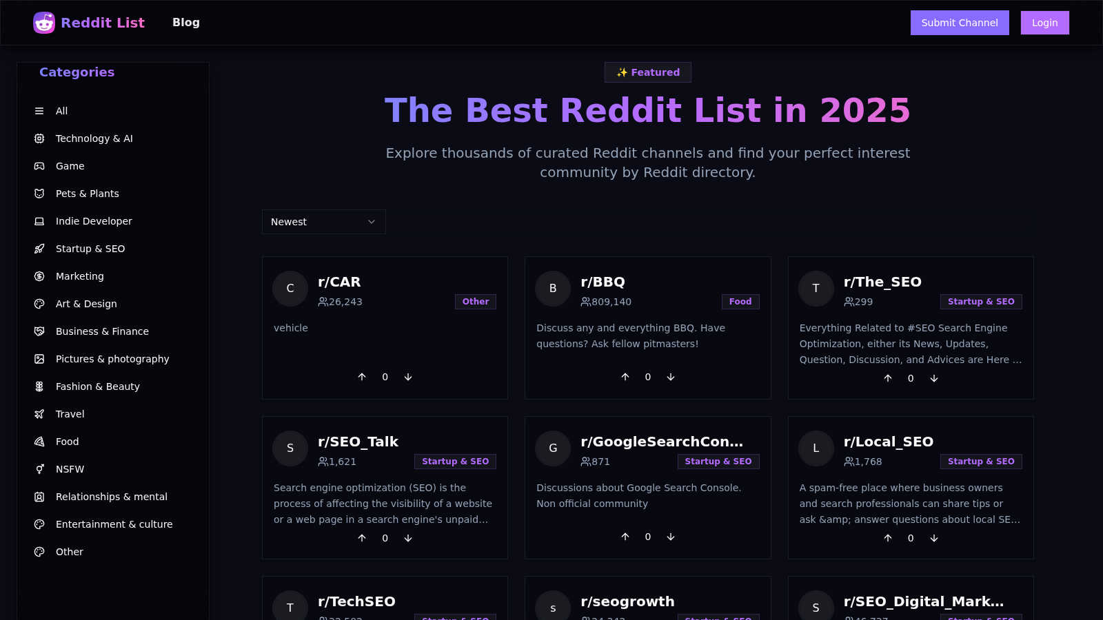 Reddit List application interface and features