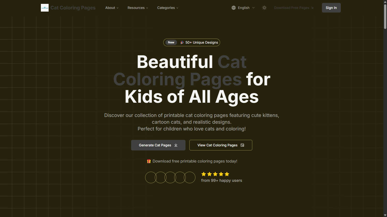 Cat Coloring Pages AI application interface and features