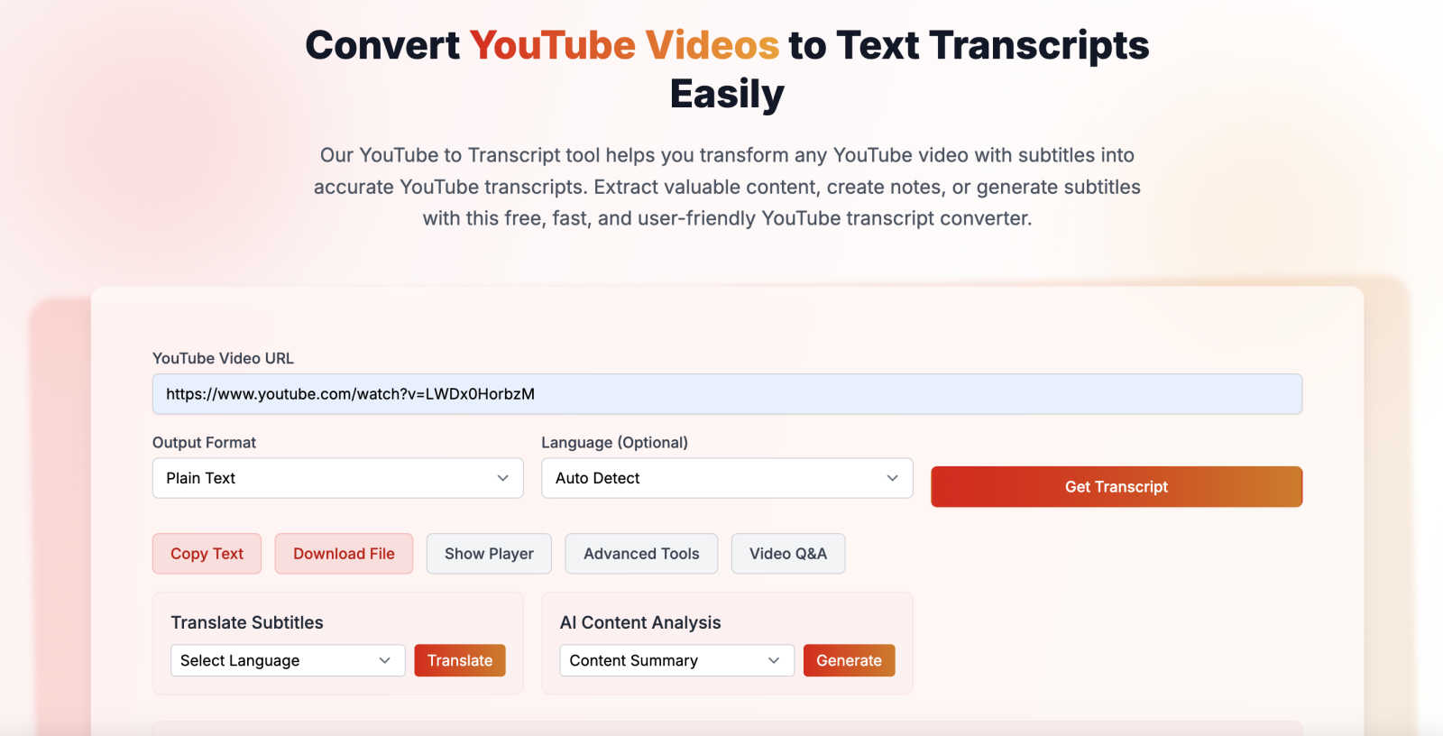 youtube transcript generator application interface and features
