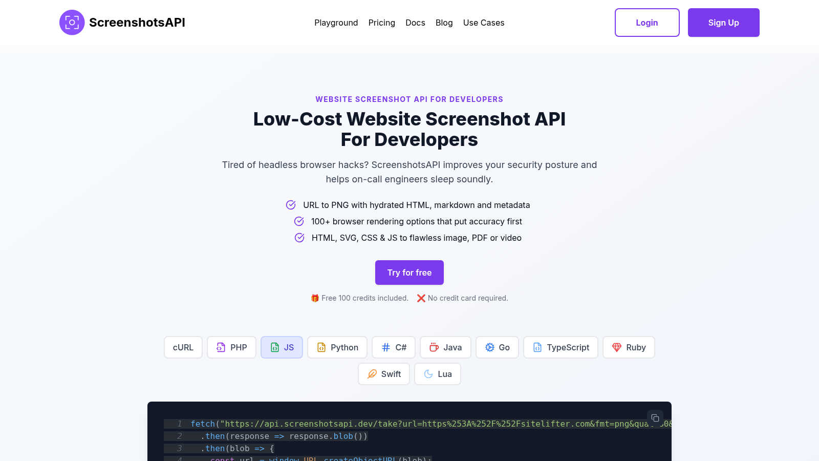Screenshots API application interface and features