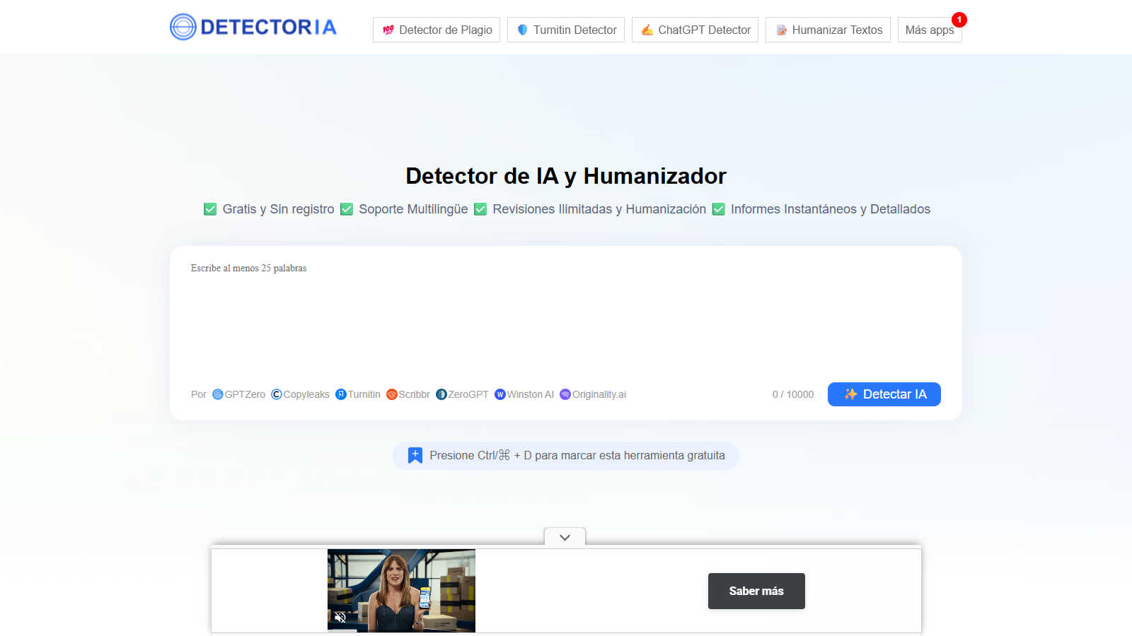 Detector de IA y Humanizador application interface and features