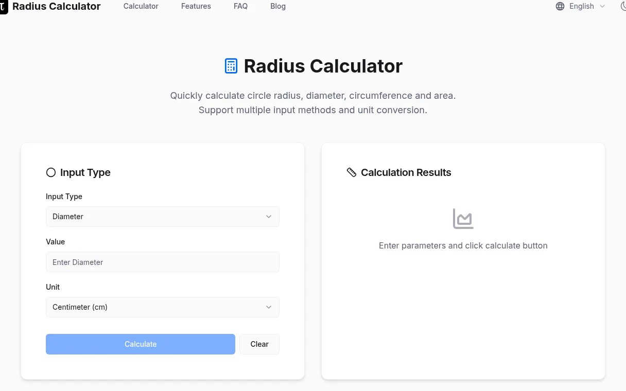 Radius Calculator application interface and features