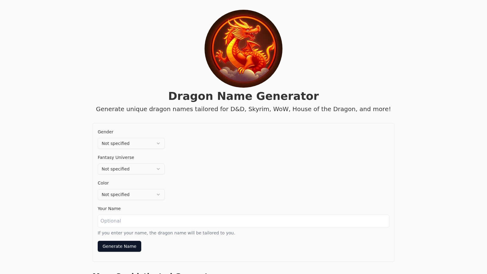 Dragon Name Generator application interface and features