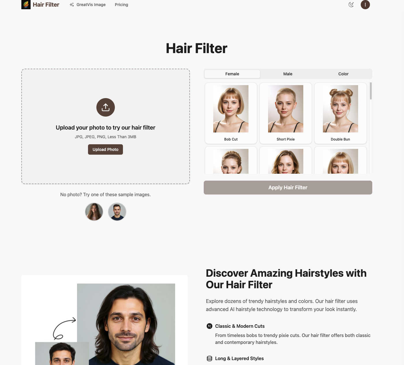 Hair Filter application interface and features