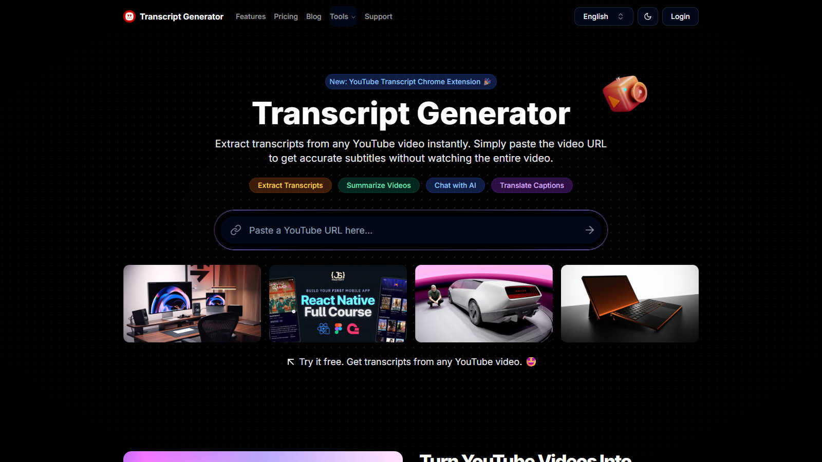 YouTube Transcript Generator application interface and features
