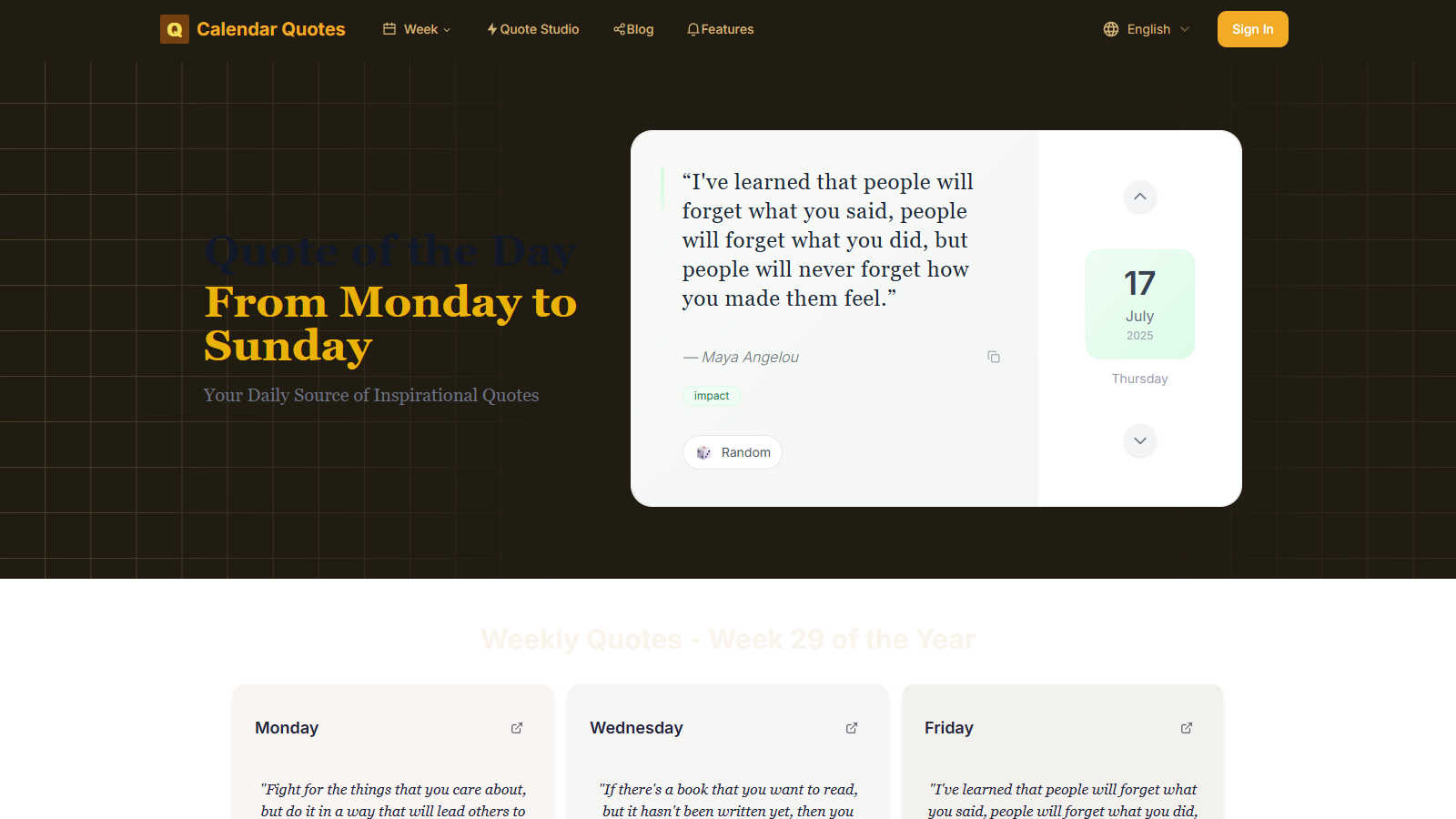 Calendar Quotes application interface and features