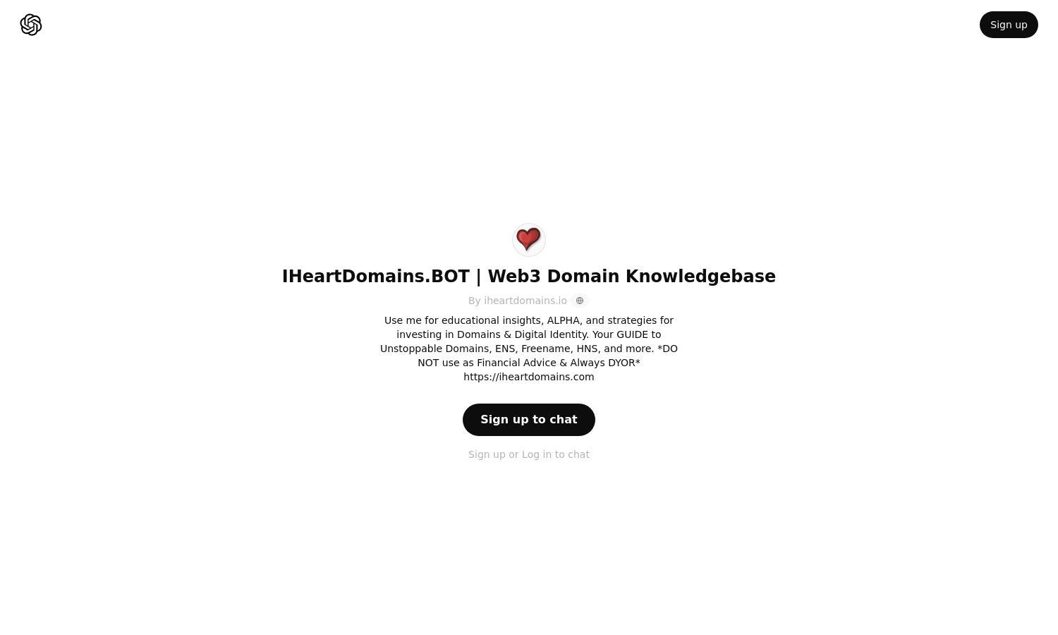 ChatGPT - IHeartDomains.BOT | Web3 Domain Knowledgebase Website