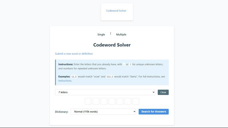 Code Word Solver - Missing Words Finder application interface and features