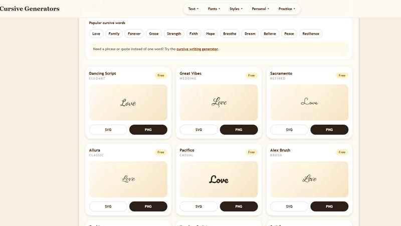 Cursive Generator application interface and features