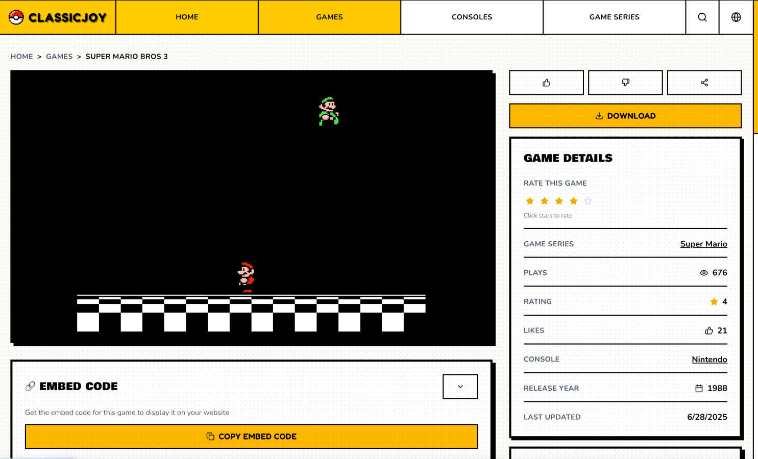 Retro Games application interface and features