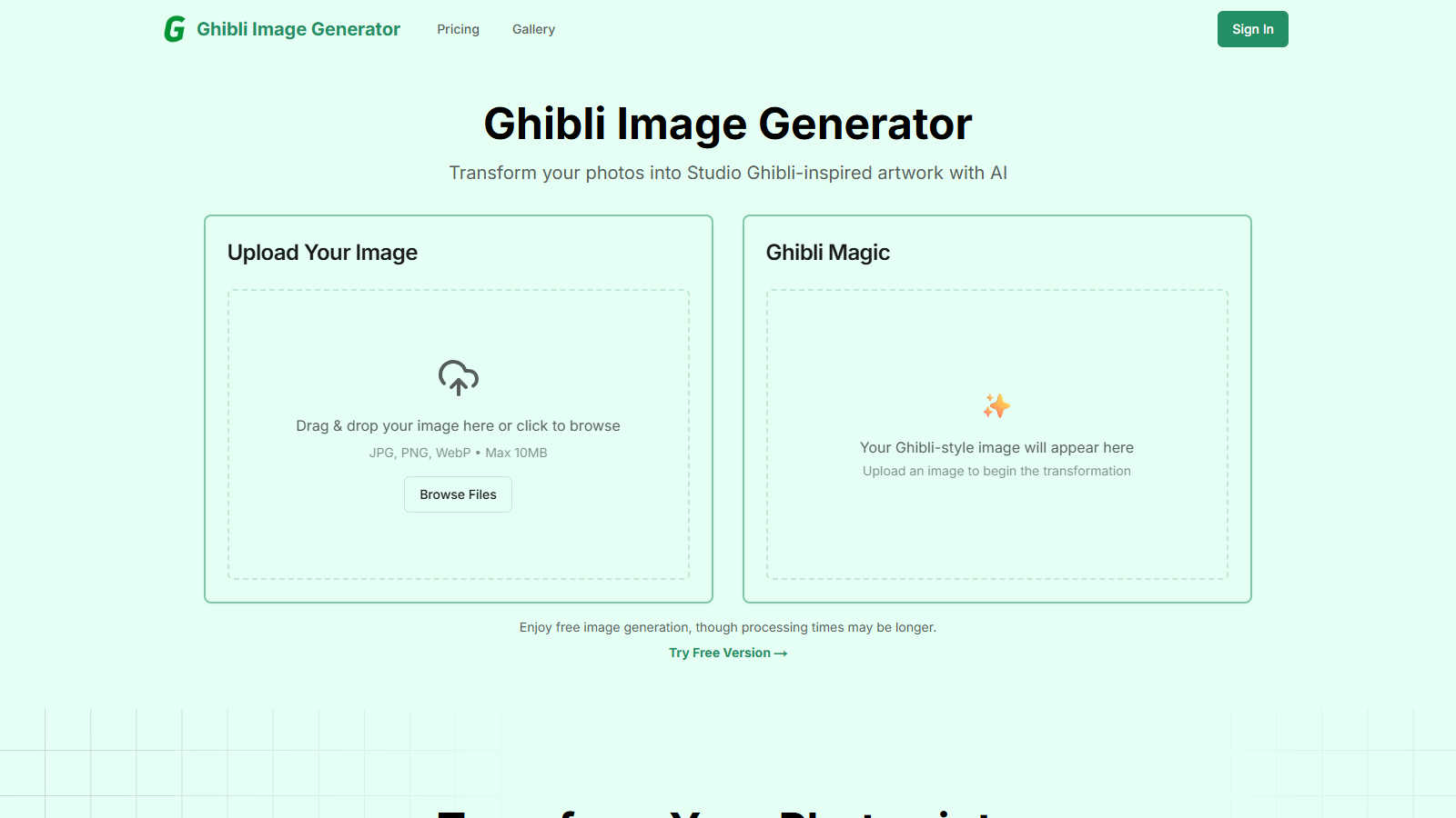 Ghibli Image Generator application interface and features