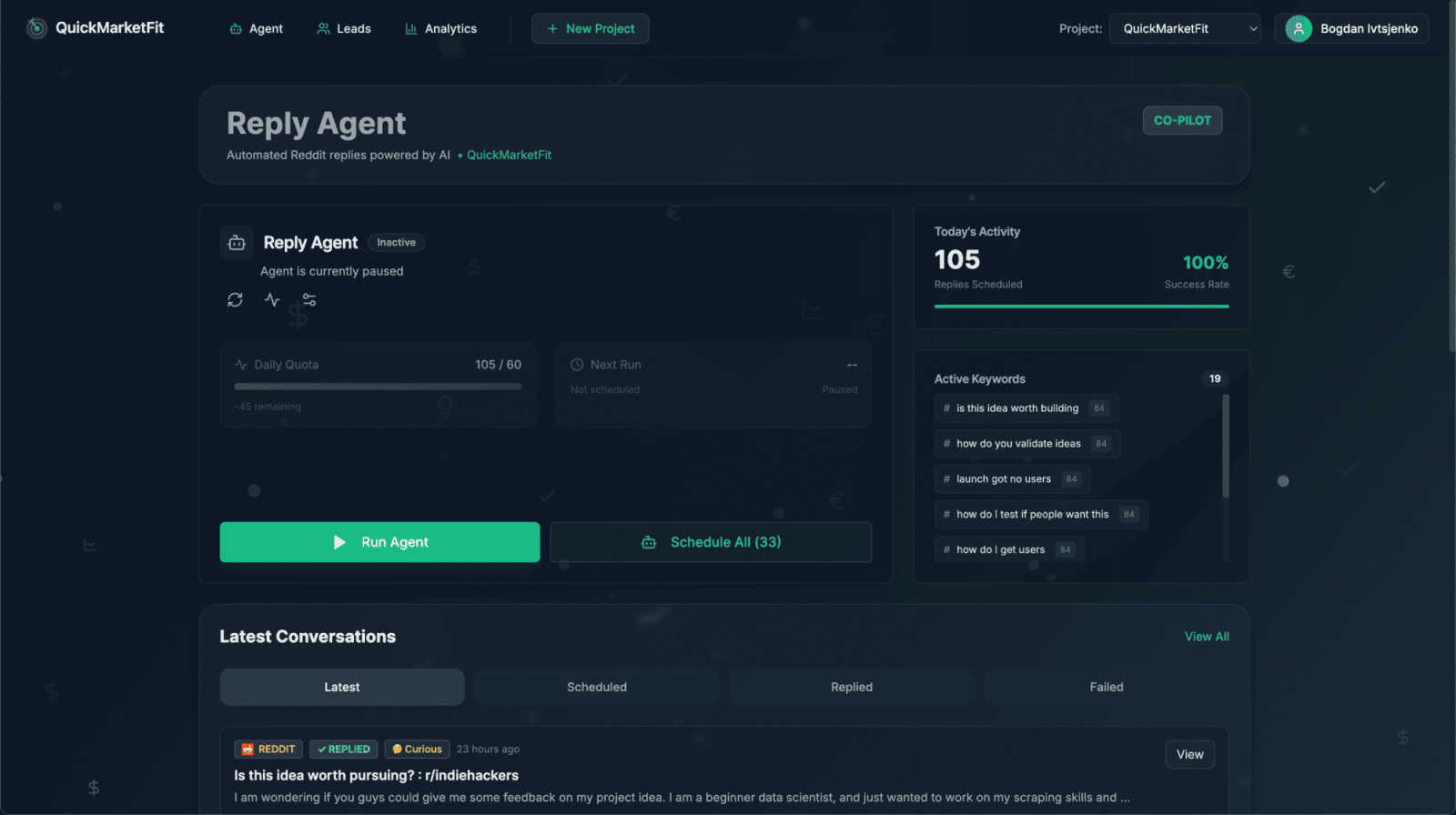 QuickMarketfit application interface and features
