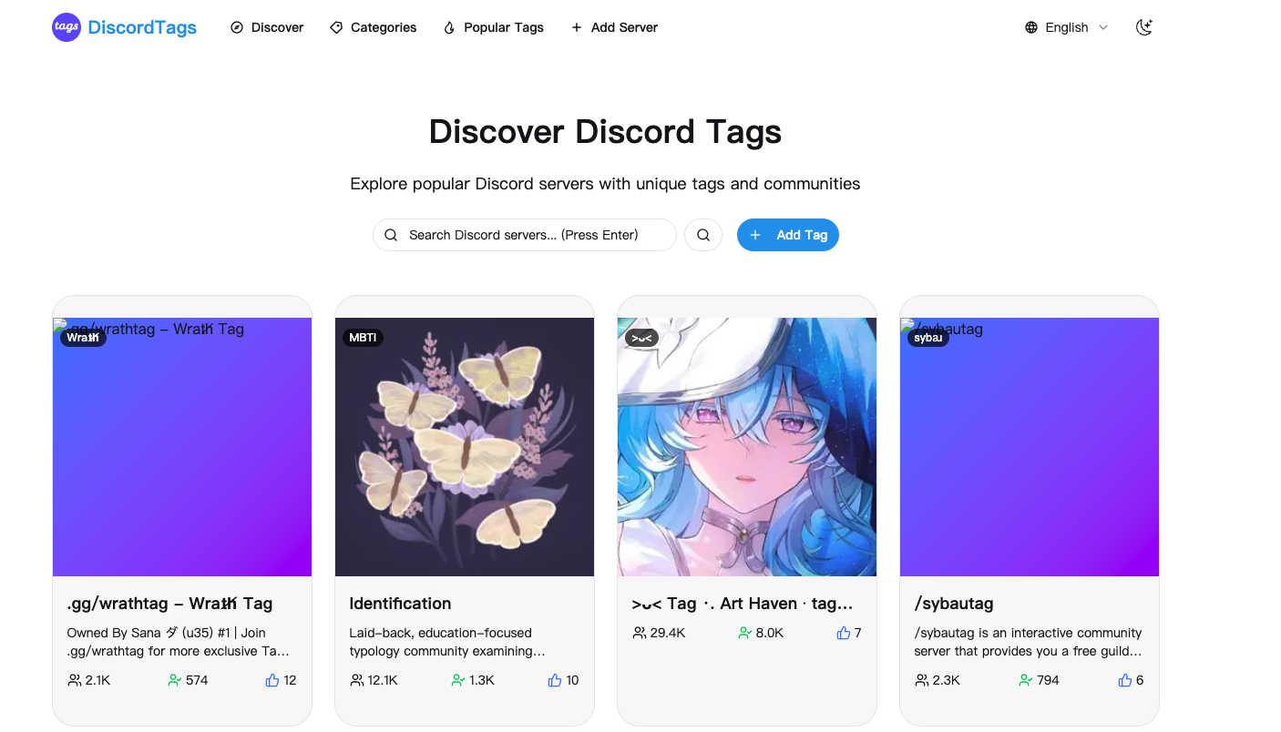 Discord tags application interface and features