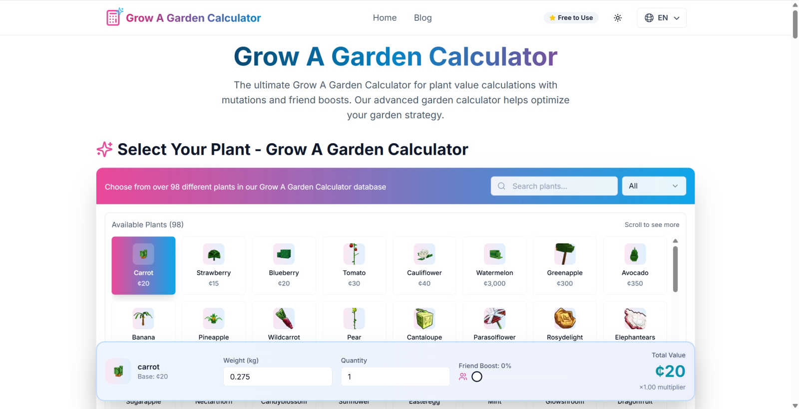 Grow A Garden Calculator application interface and features