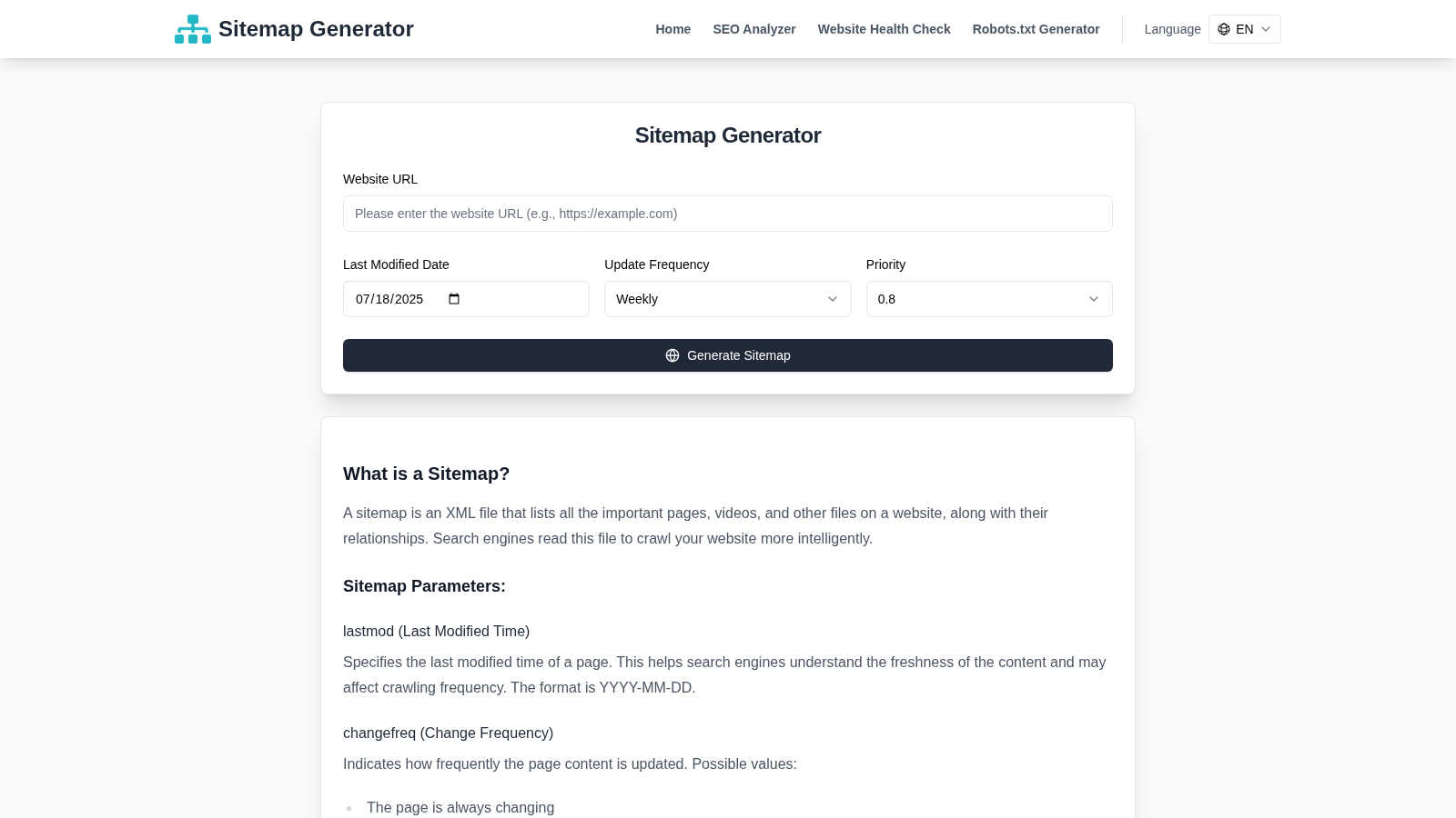 Sitemap Generator application interface and features