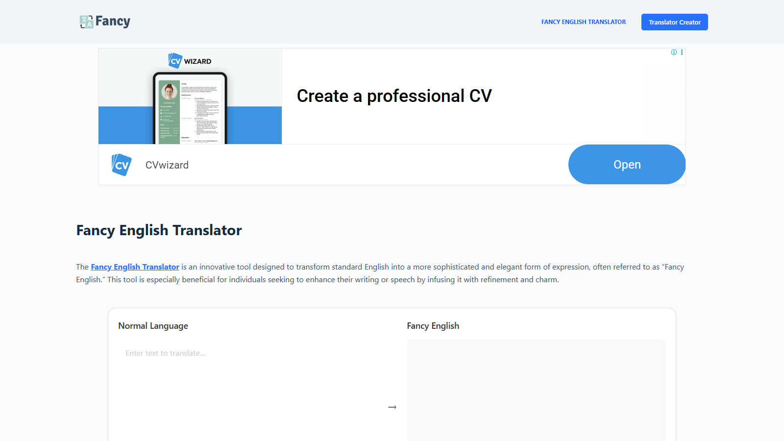 Fancy English Translator application interface and features
