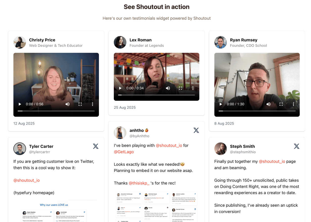 Shoutout application interface and features