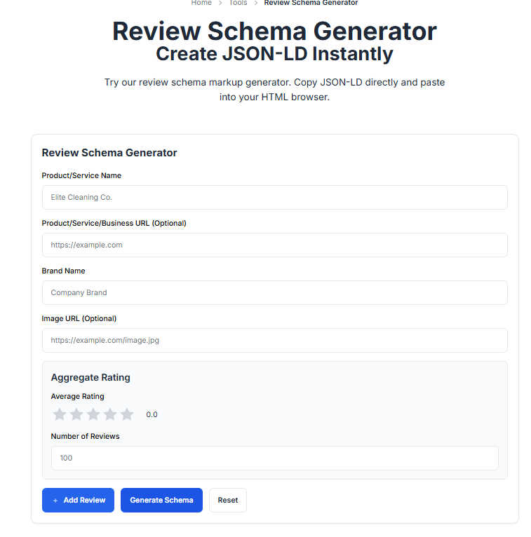 Review Schema Generator application interface and features