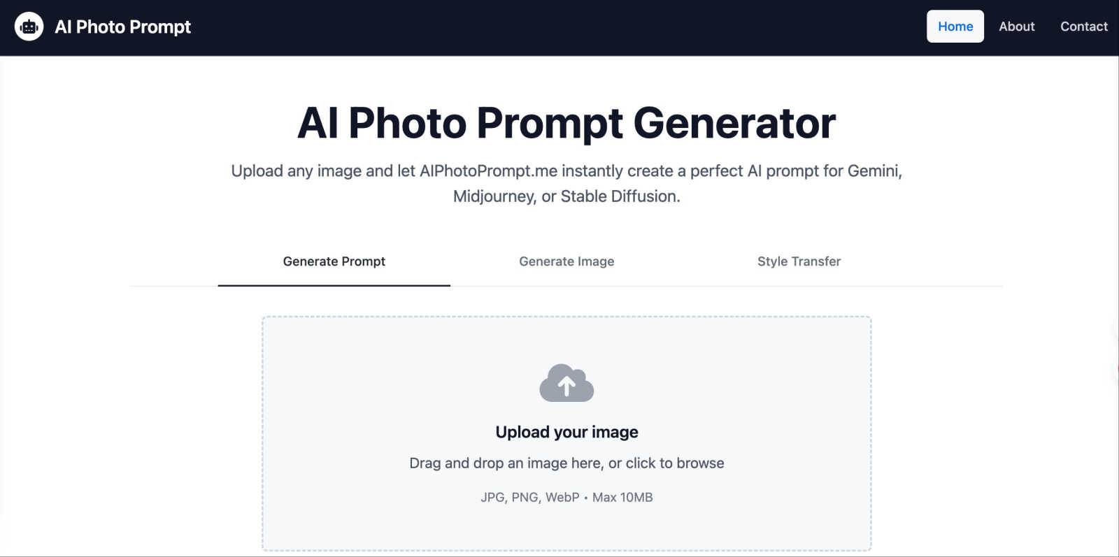 AI Photo Prompt Generator application interface and features