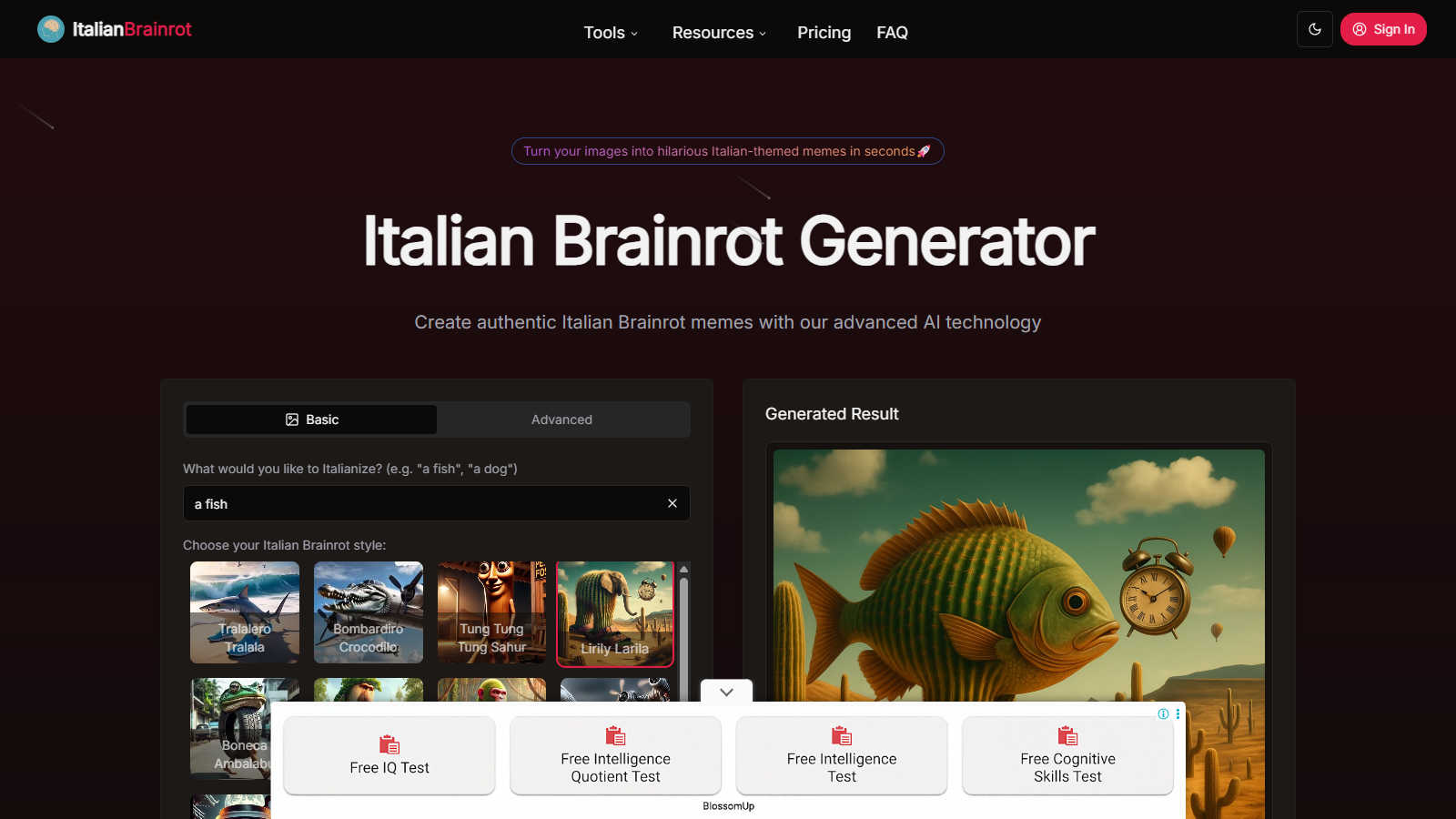Italian Brainrot application interface and features