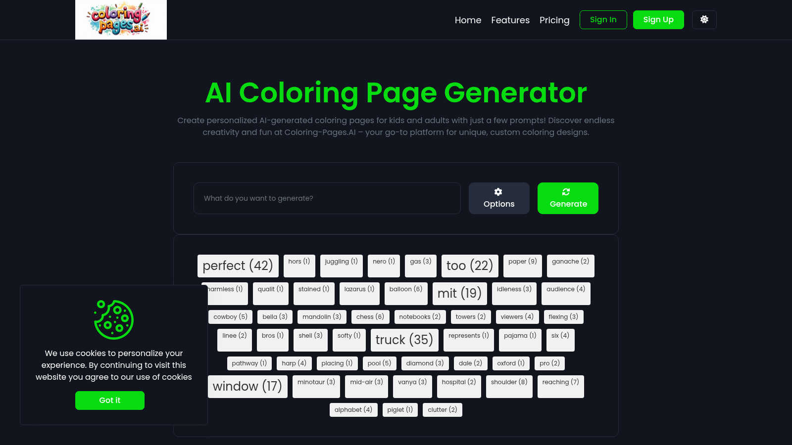 Coloring Pages application interface and features