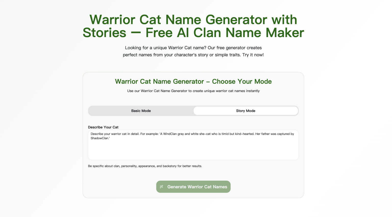 Warrior Cat Name Generator application interface and features