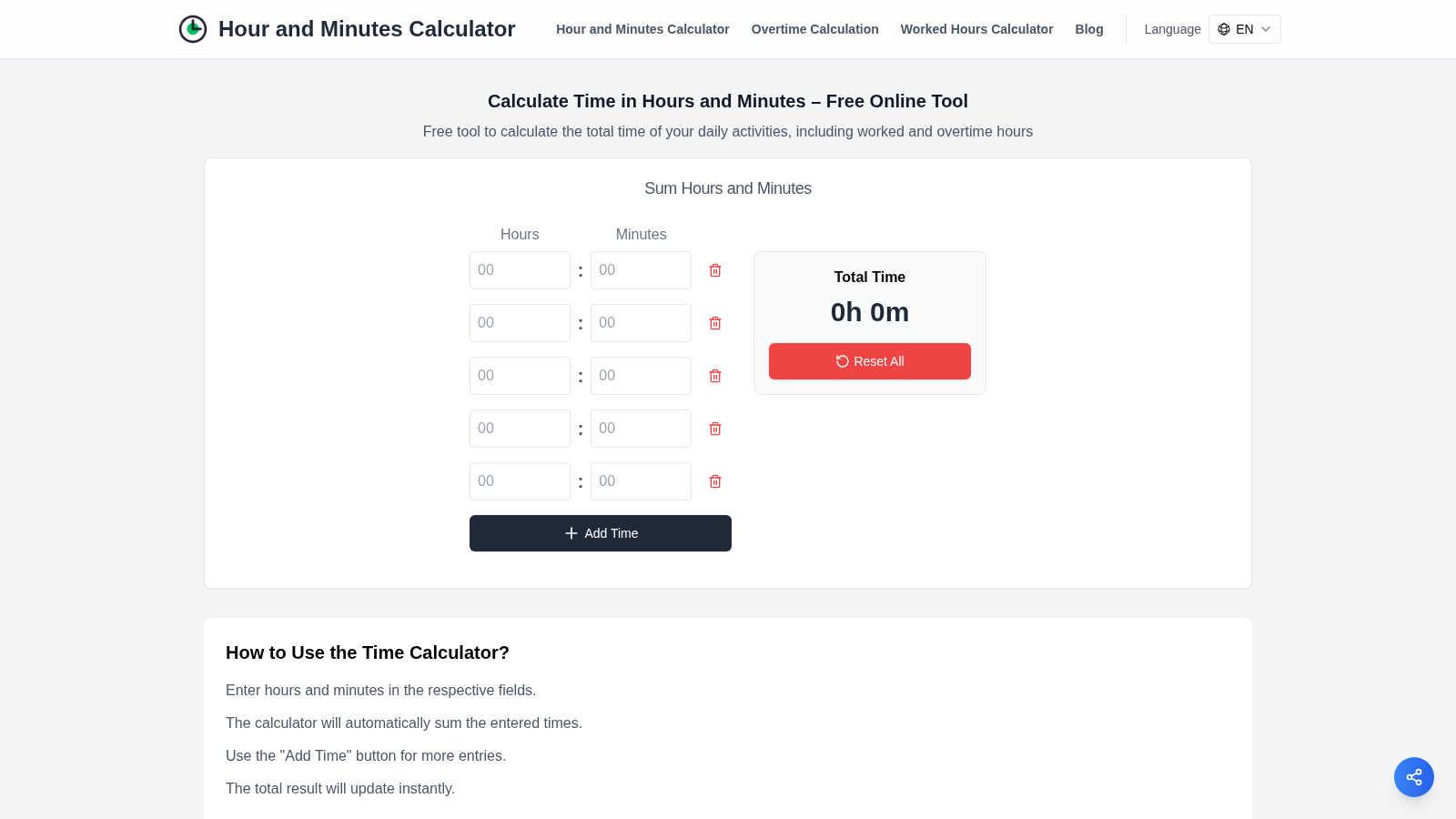 Calculadora de Horas Online application interface and features