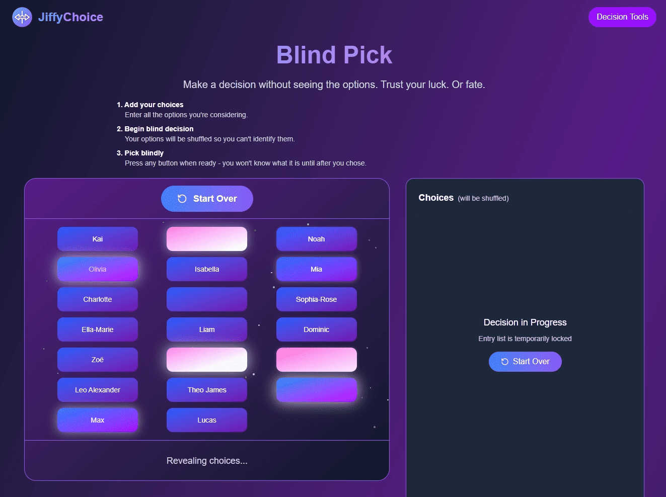 JiffyChoice application interface and features