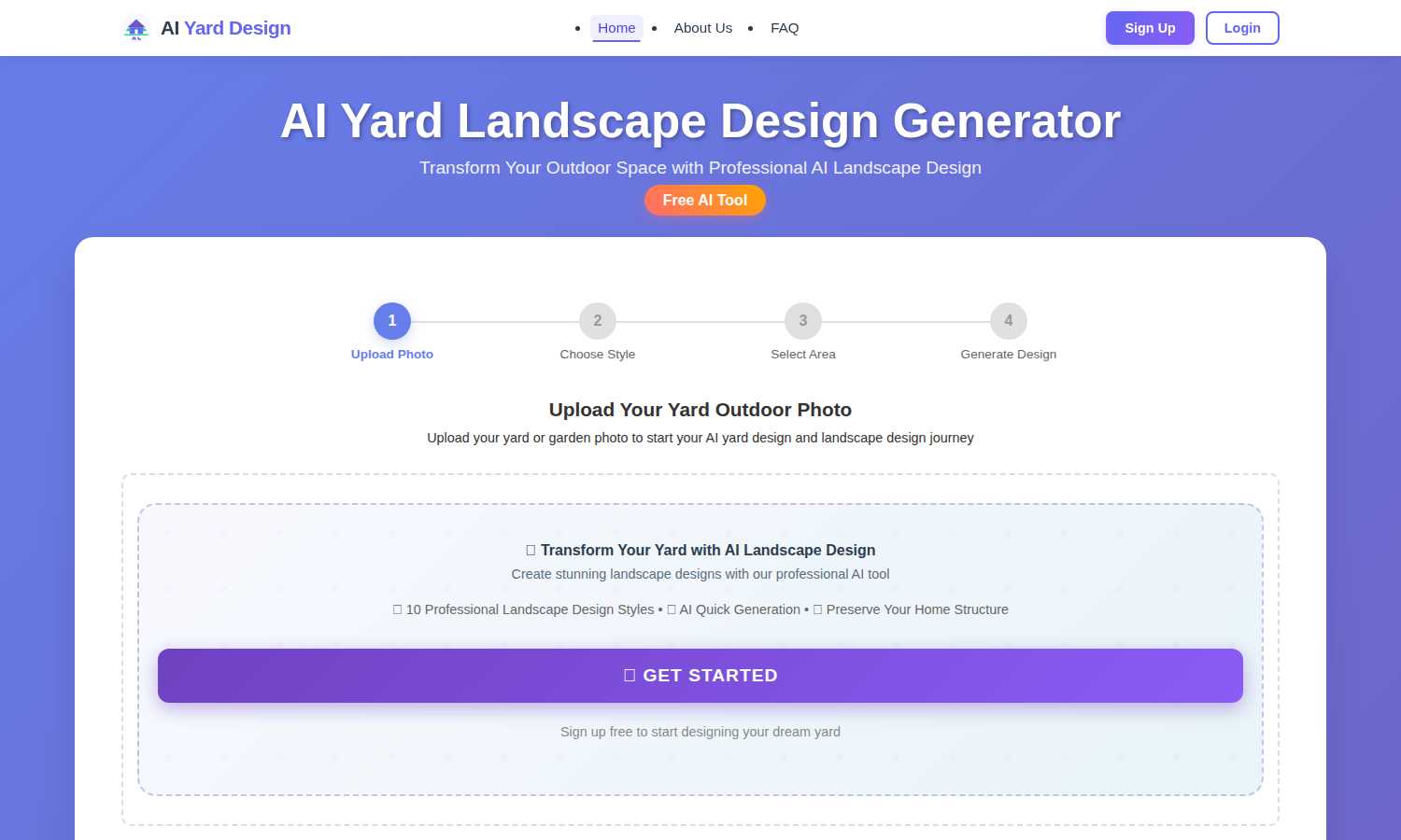 AI Yard Design generator application interface and features