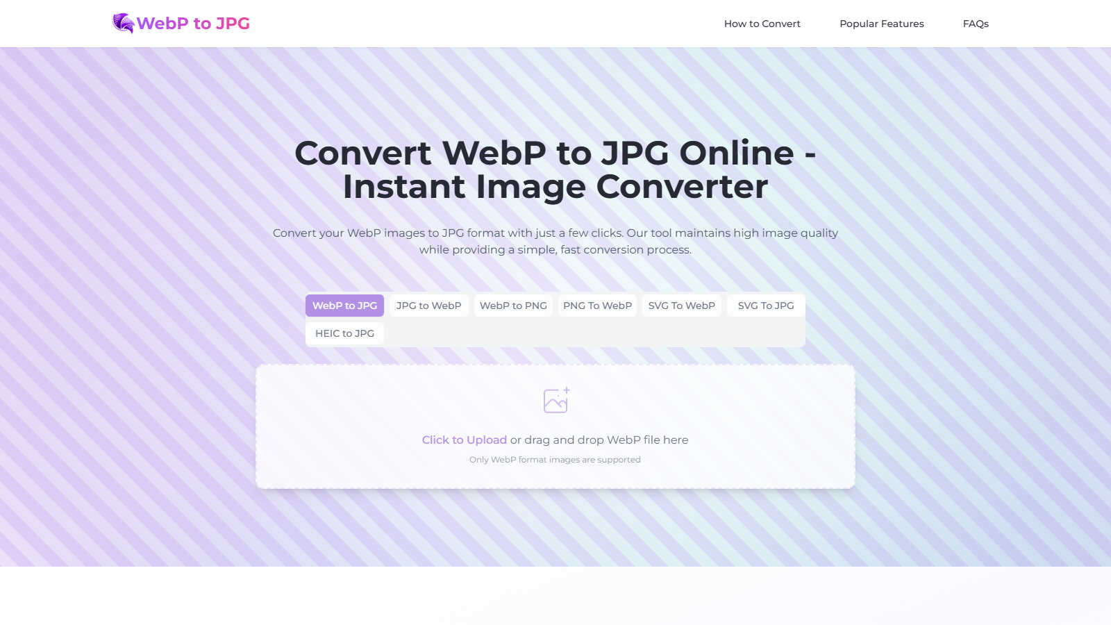 WebP to JPG Converter application interface and features