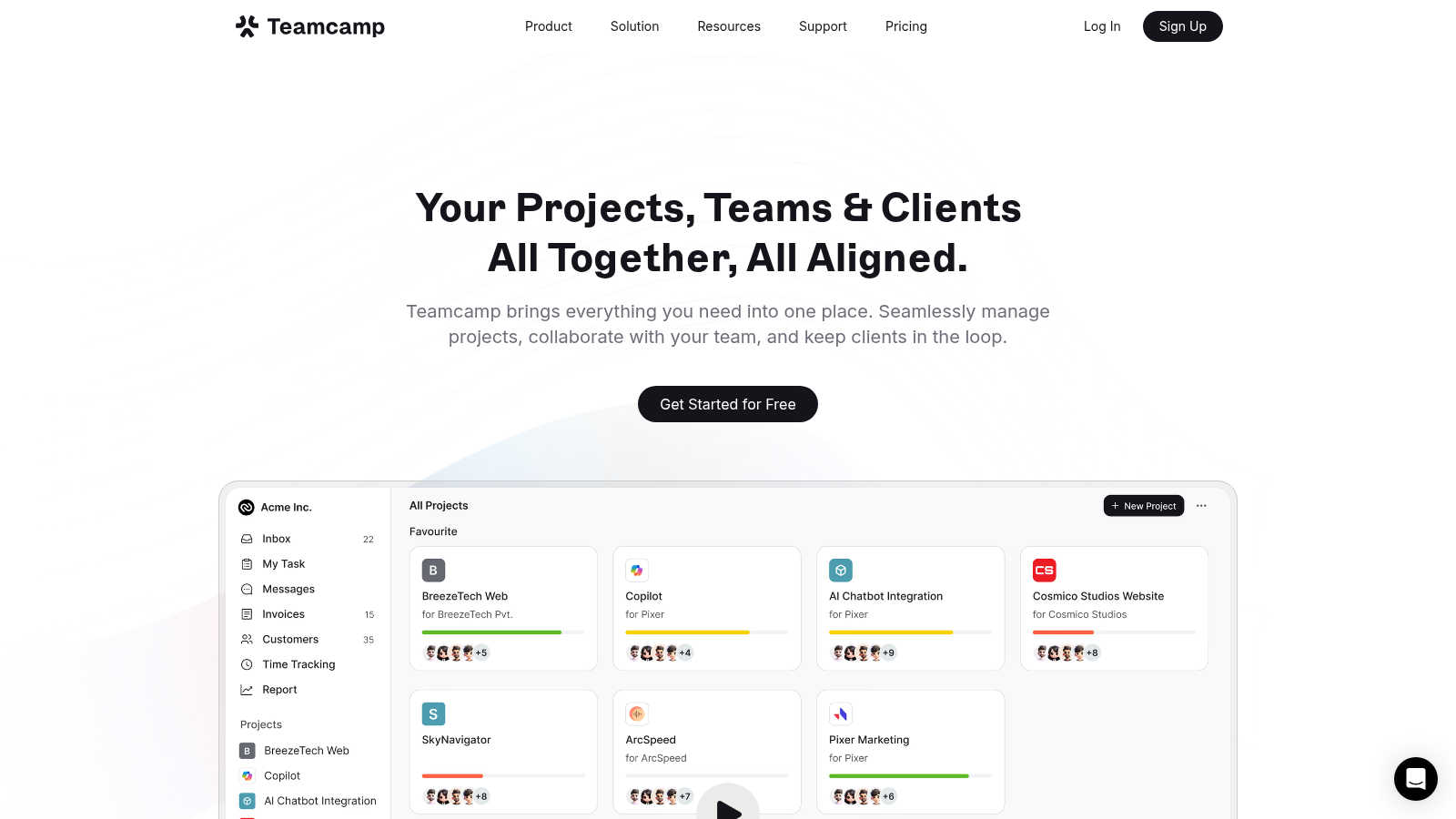 Teamcamp application interface and features