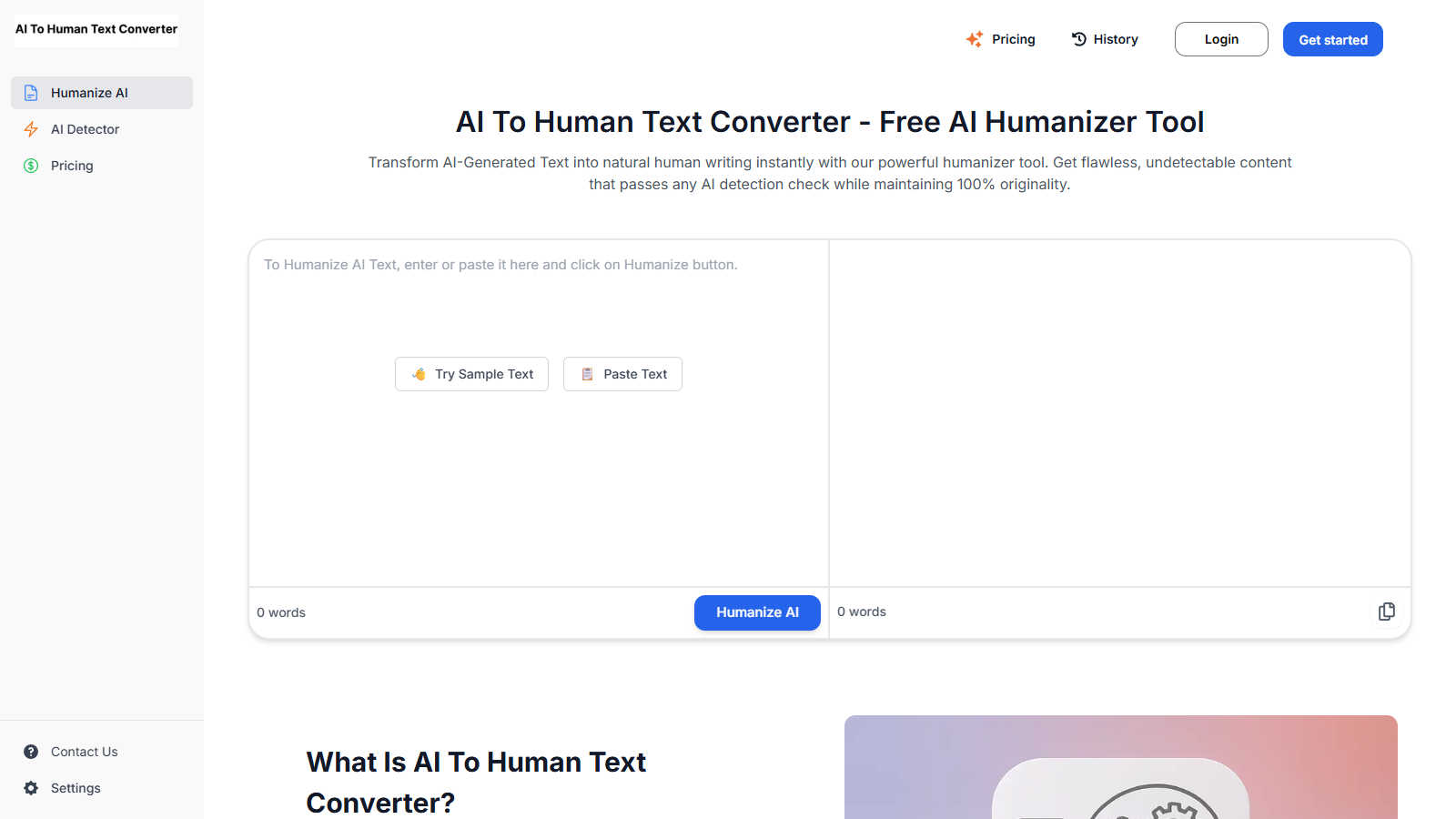 AI To Human Text Converter application interface and features