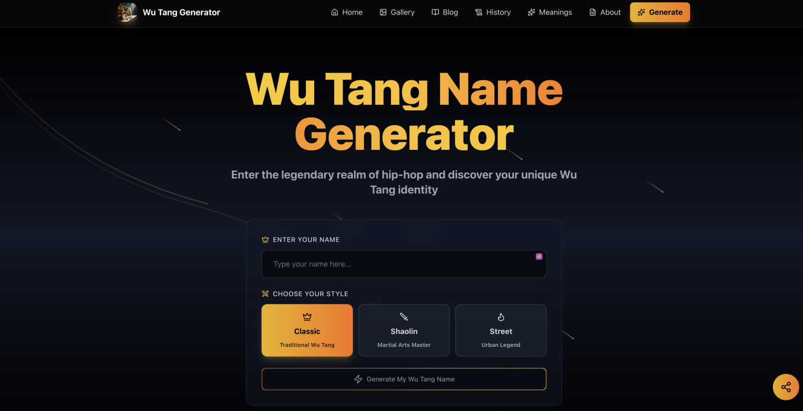 Wu Tang Name Generator application interface and features