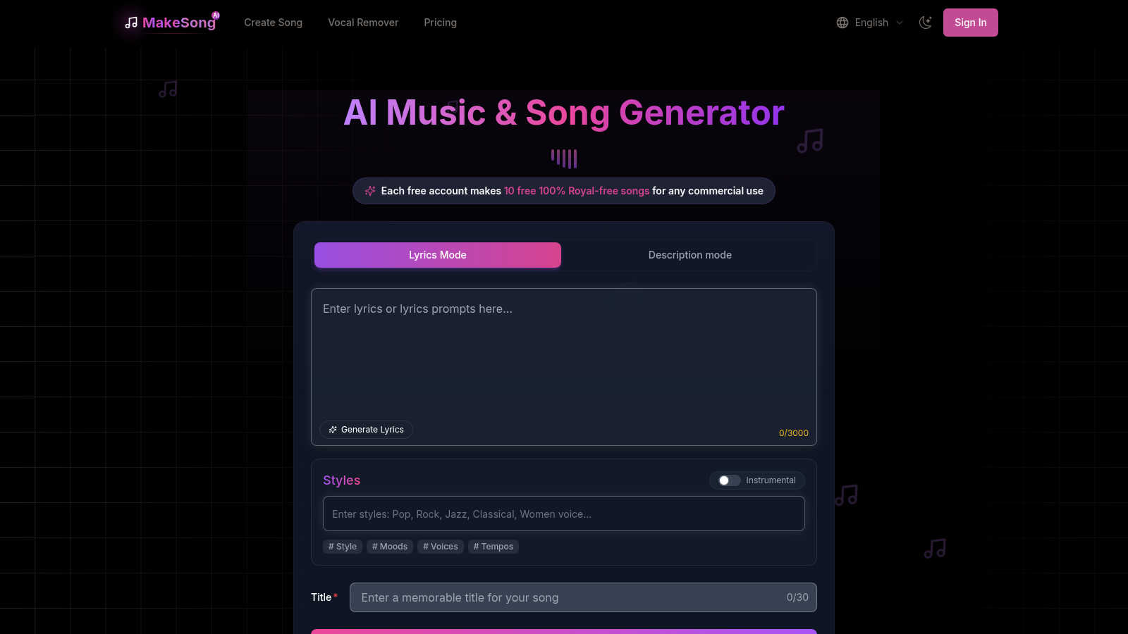 MakeSong application interface and features
