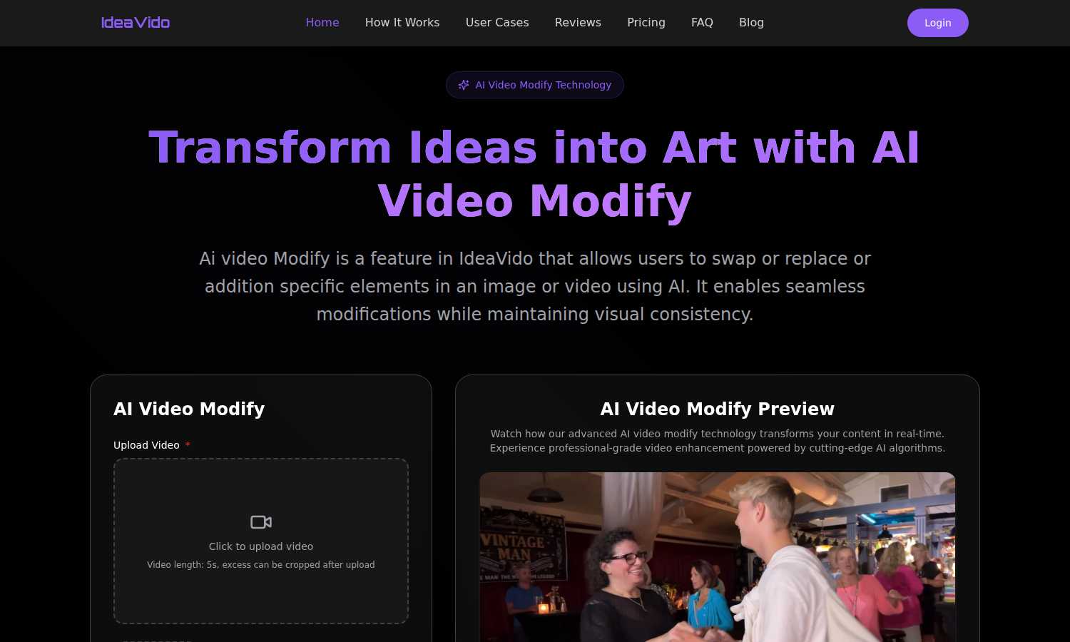AI Video Modify application interface and features