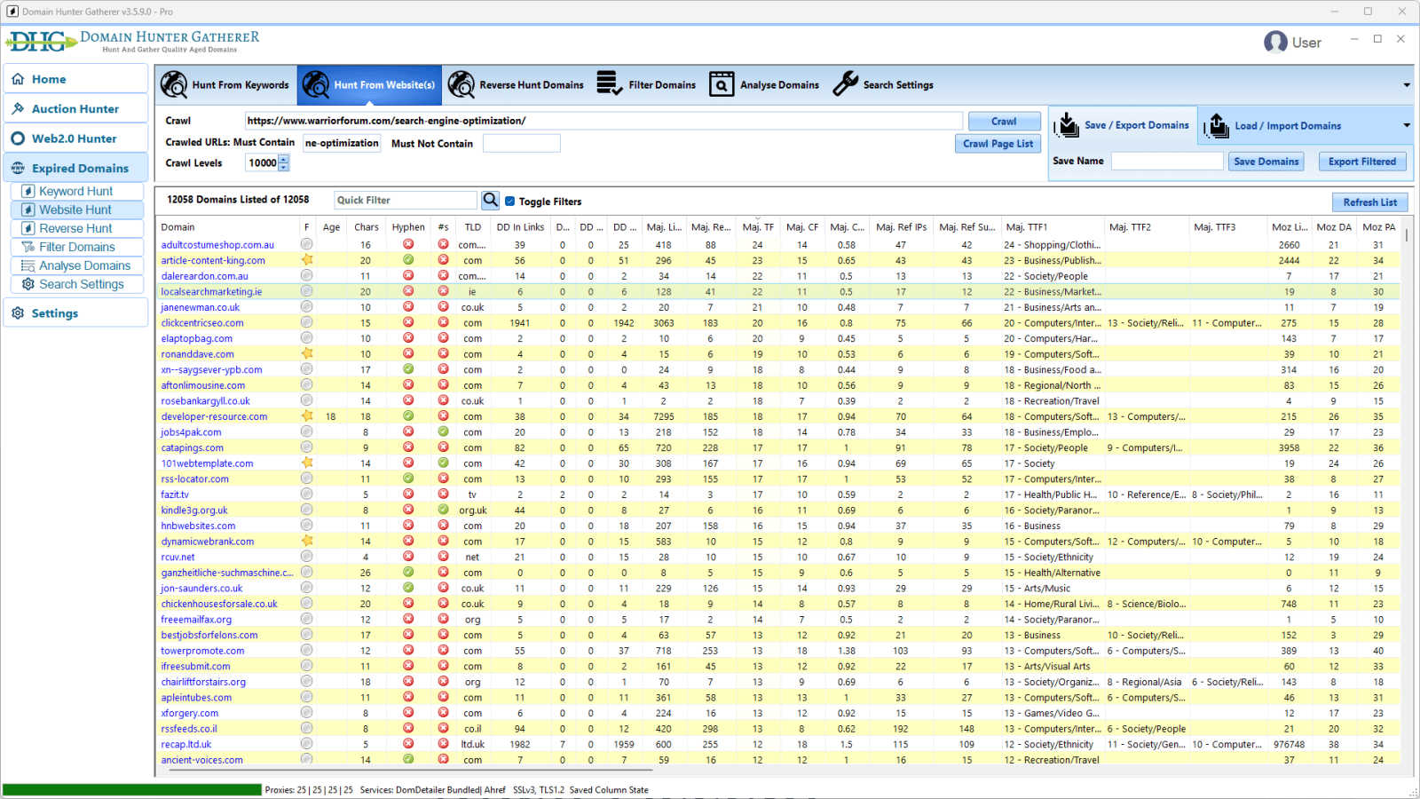 Domain Hunter Gatherer application interface and features
