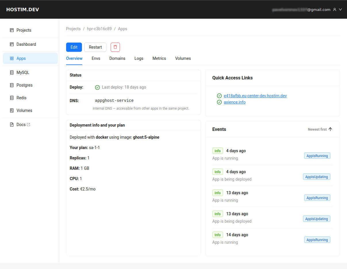 Hostim.dev application interface and features