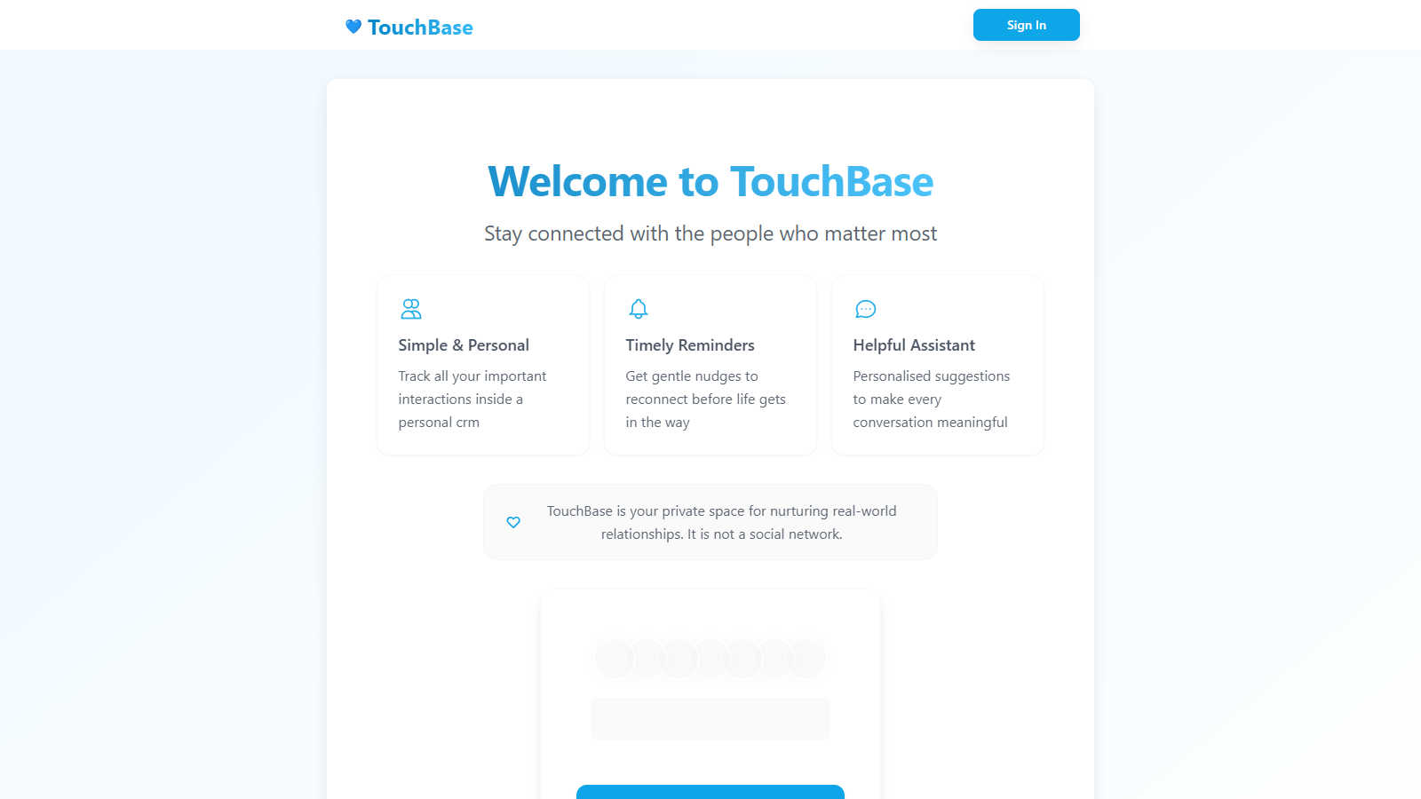 TouchBase (Personal CRM) application interface and features