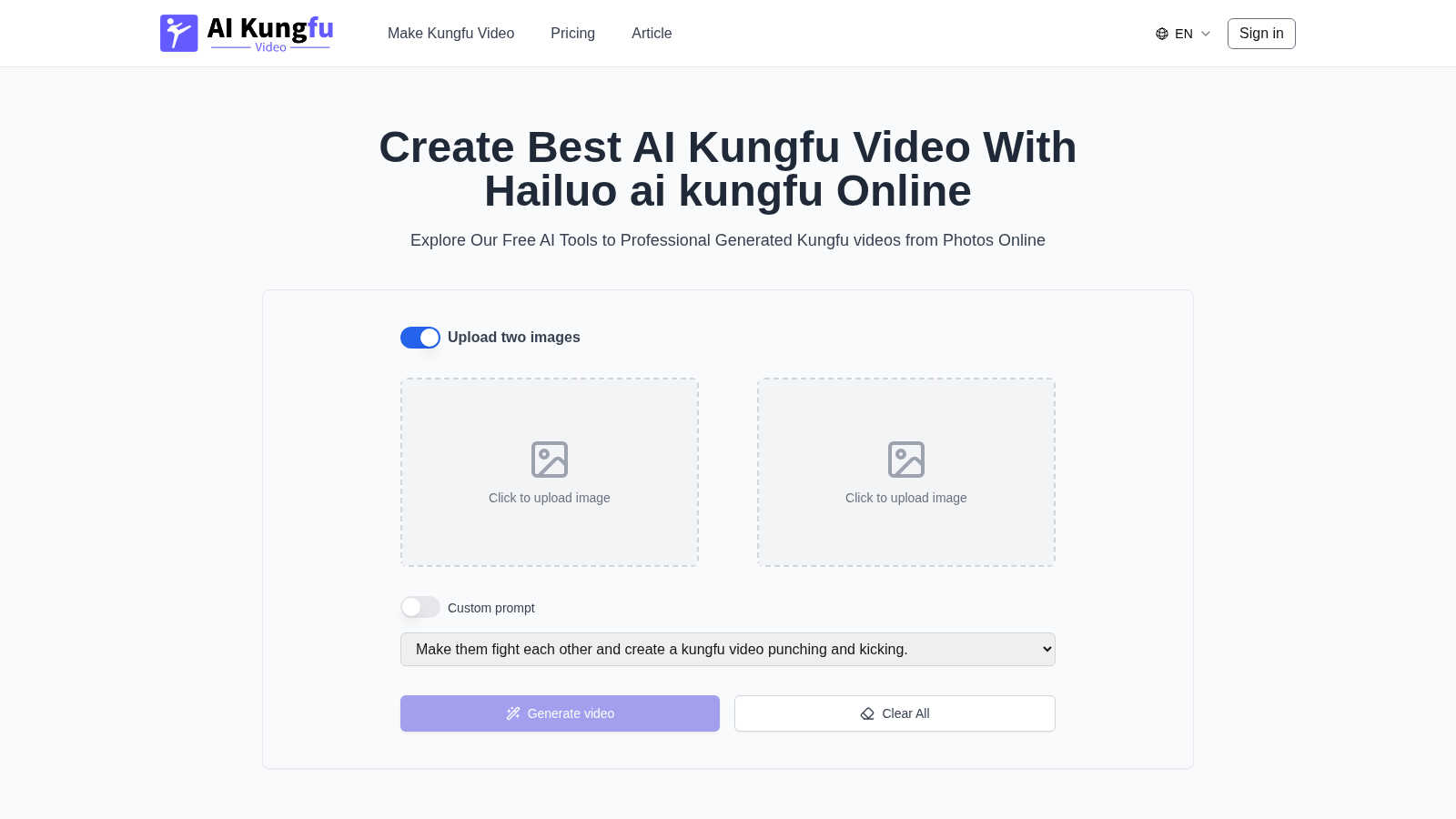 AI Kungfu Video Generator application interface and features