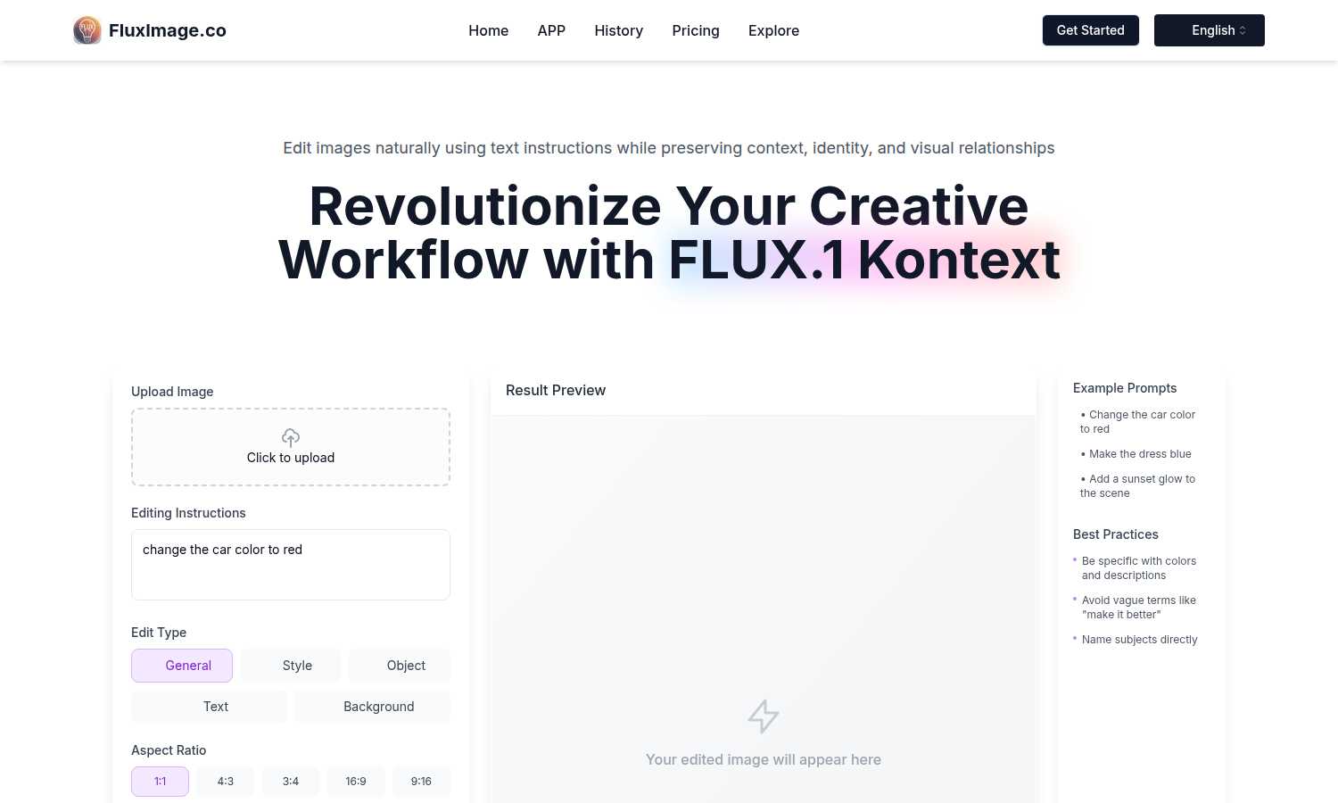 FluxImage.co application interface and features