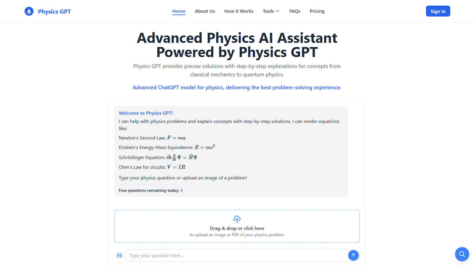 PhysicsGPT application interface and features