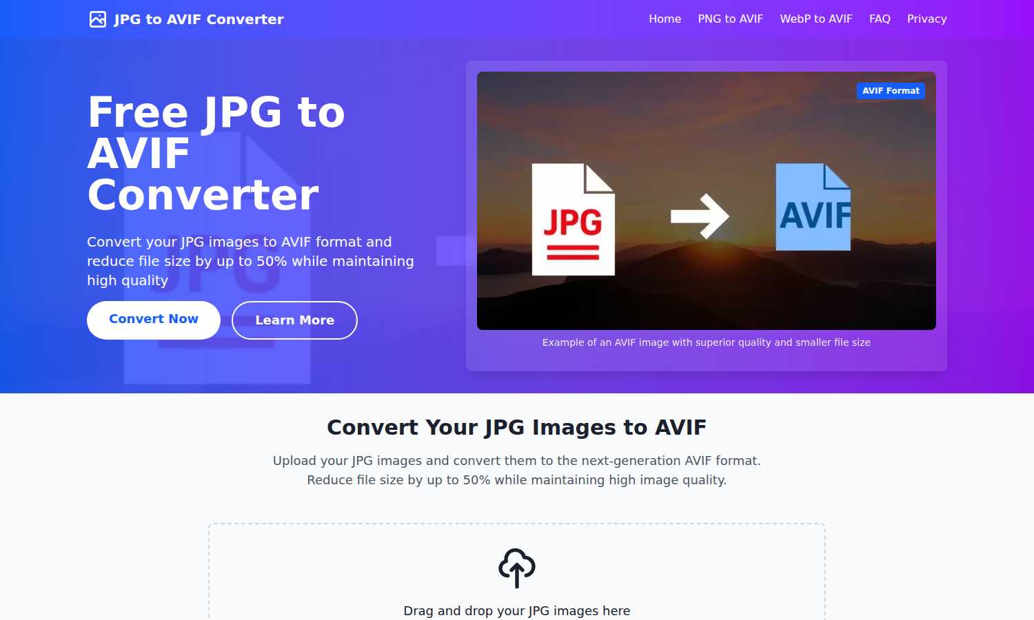 JPG to AVIF Converter application interface and features