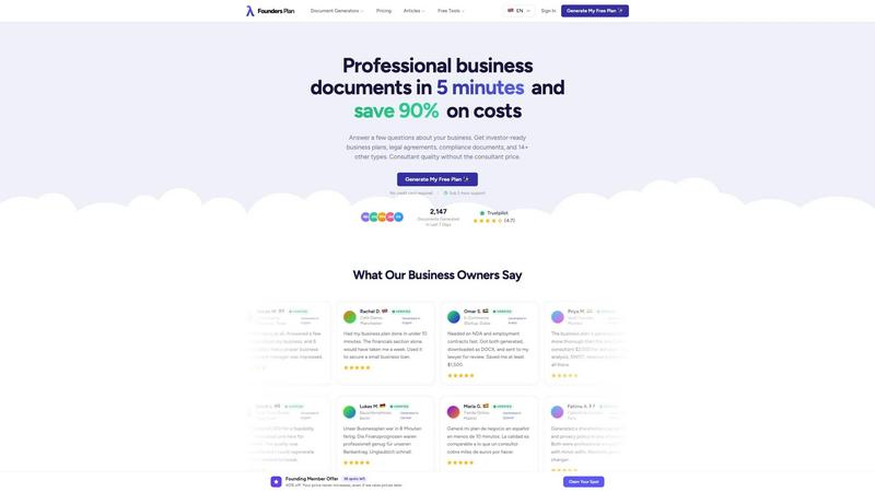 FoundersPlan application interface and features
